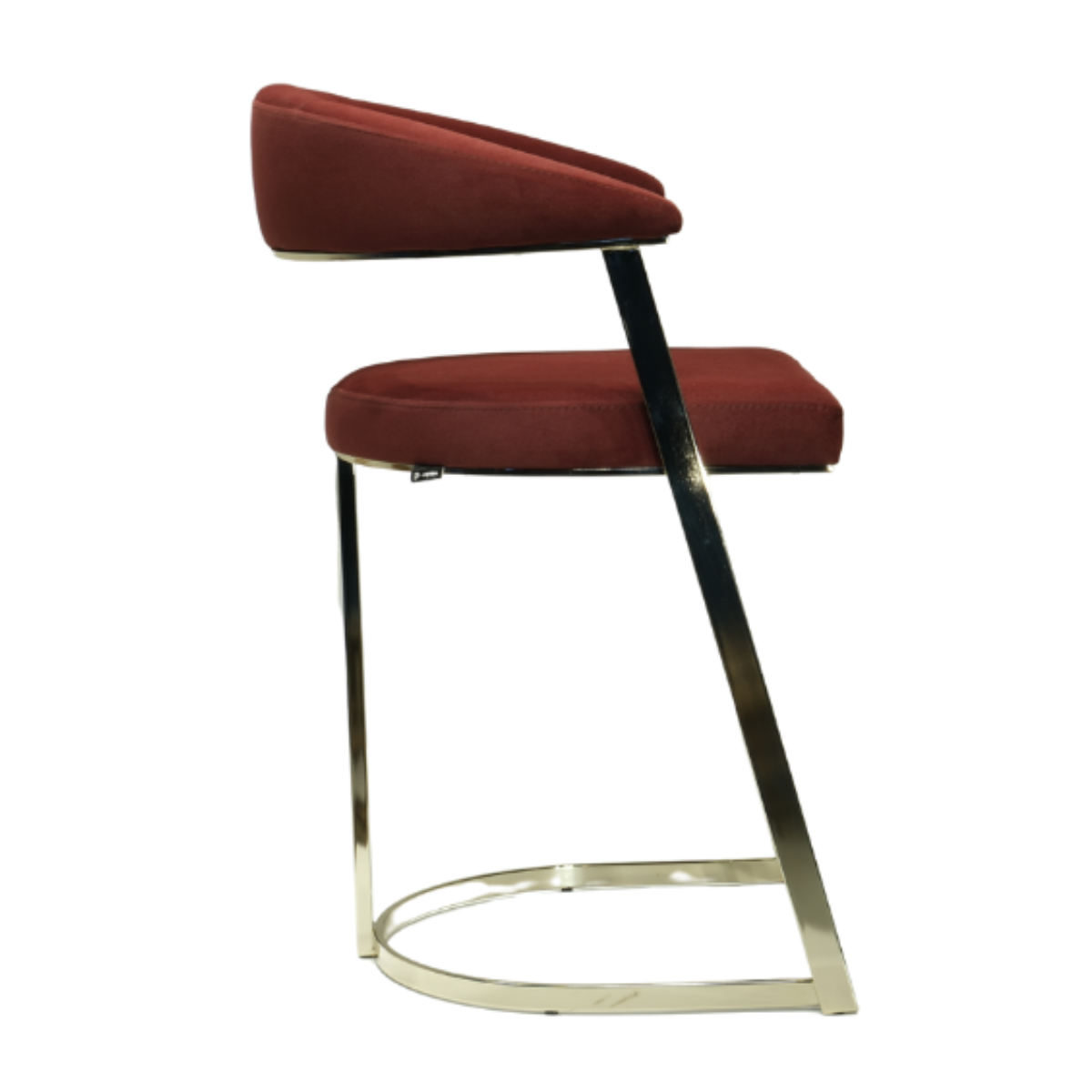Red bar stool with a gold metal base on a white background