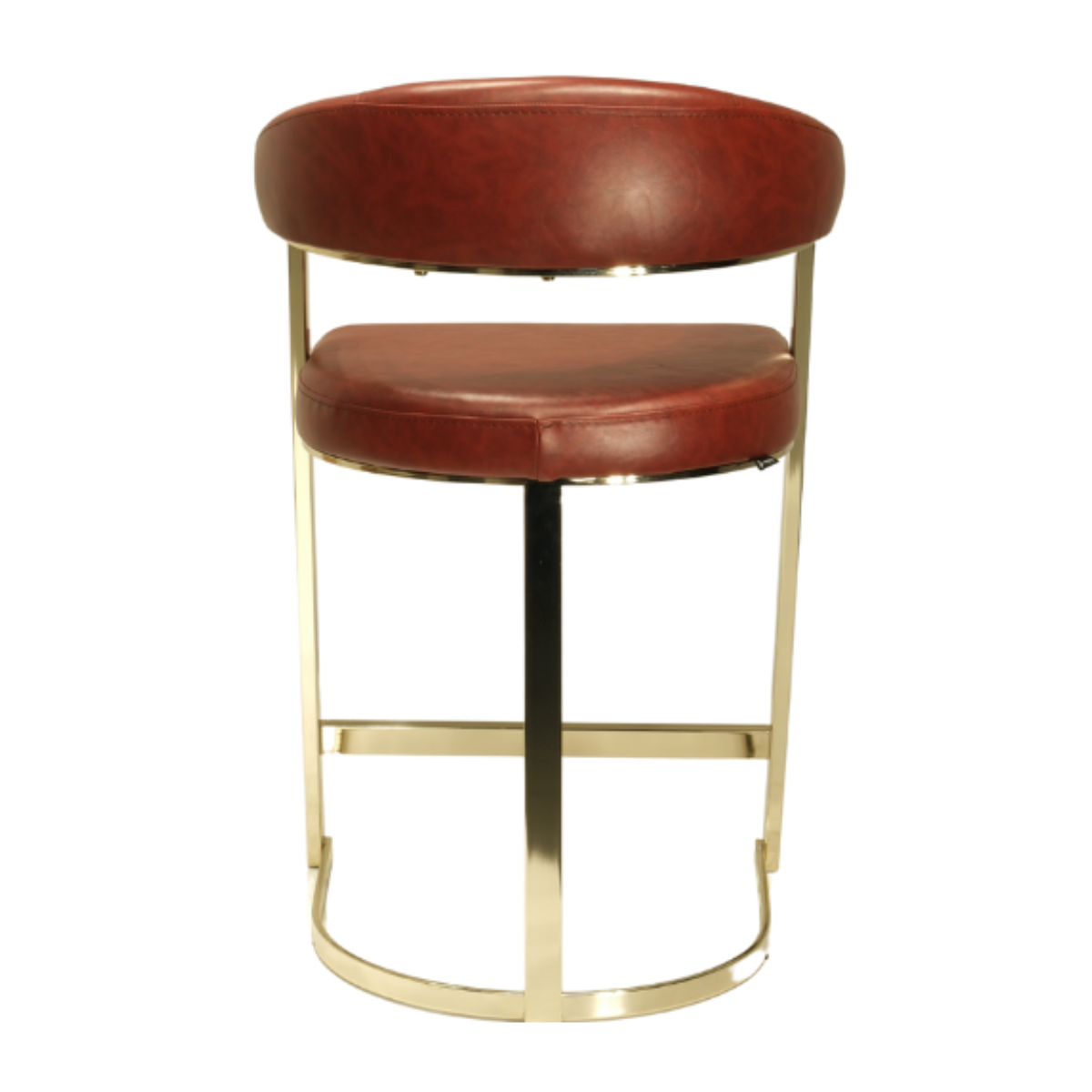 Red bar stool with gold metal frame on a white background