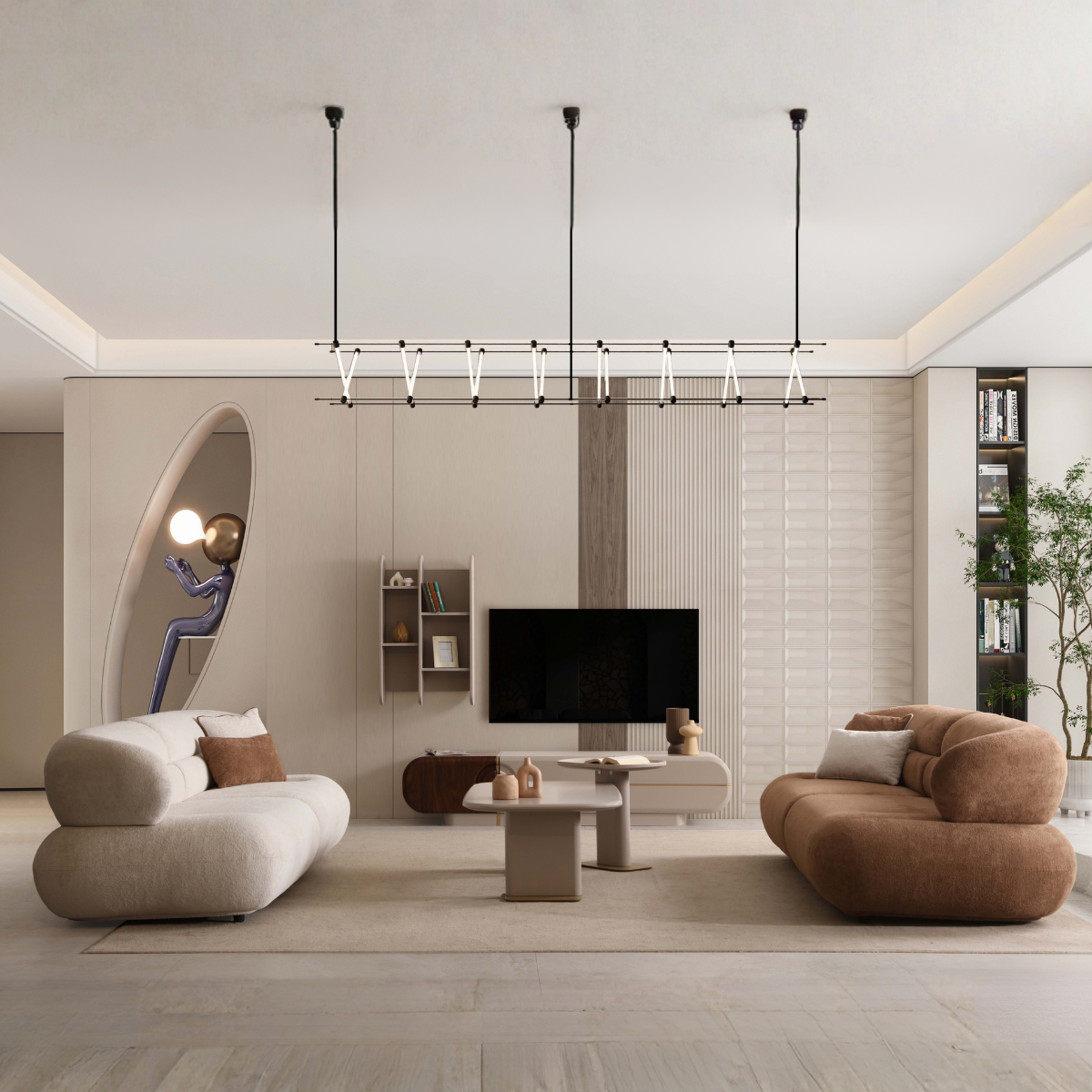 Modern living room with beige and brown sofas, a TV, and decorative items.