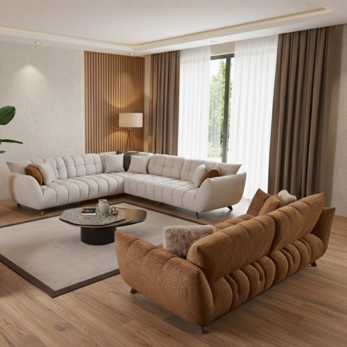 Modern living room with a white sectional sofa and a brown armchair.