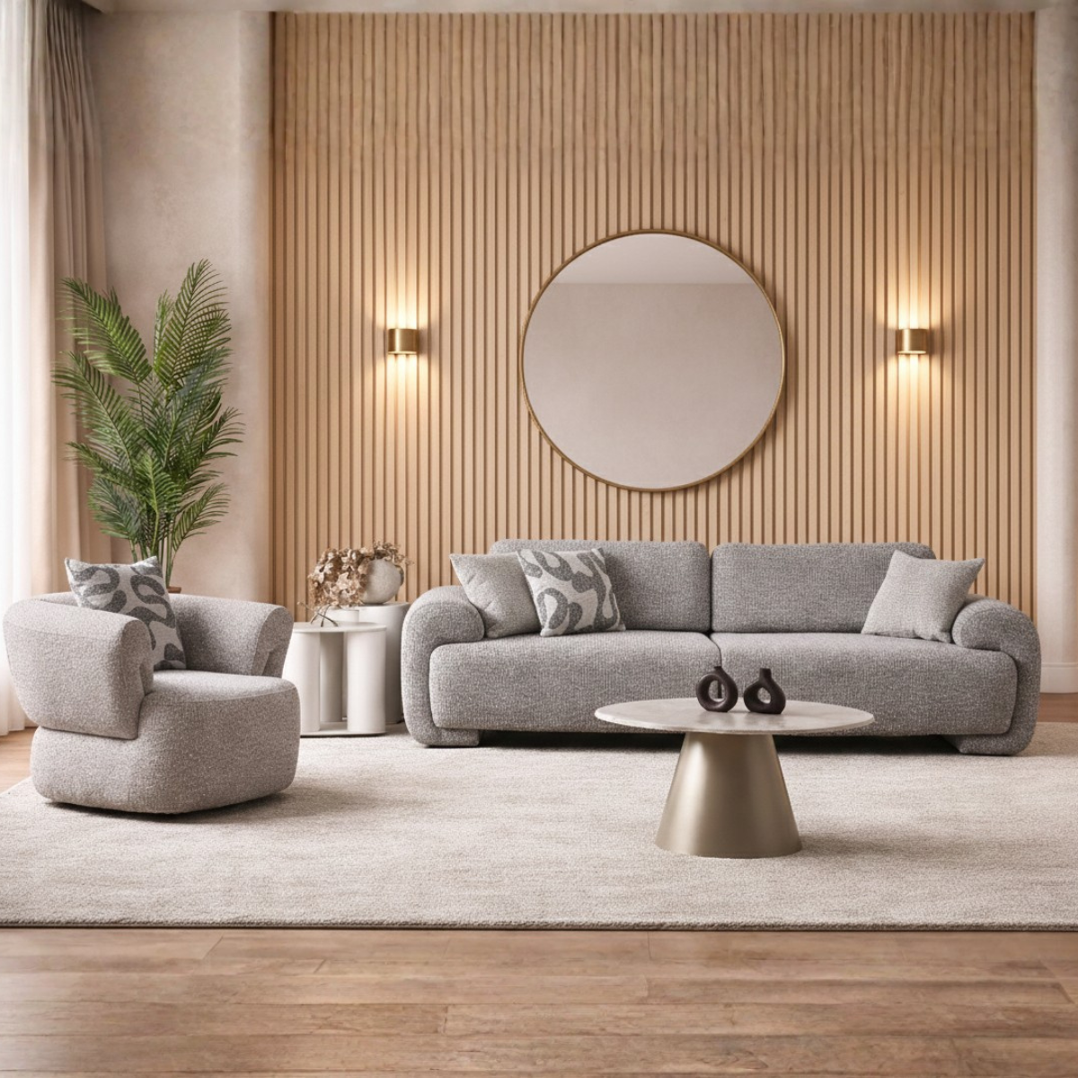 Modern living room with gray sofa, armchair, and decorative items.