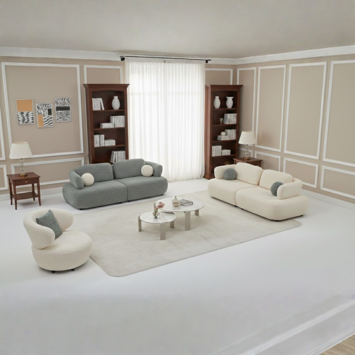 Modern living room with beige walls, gray sofa, white armchair, and decorative items.