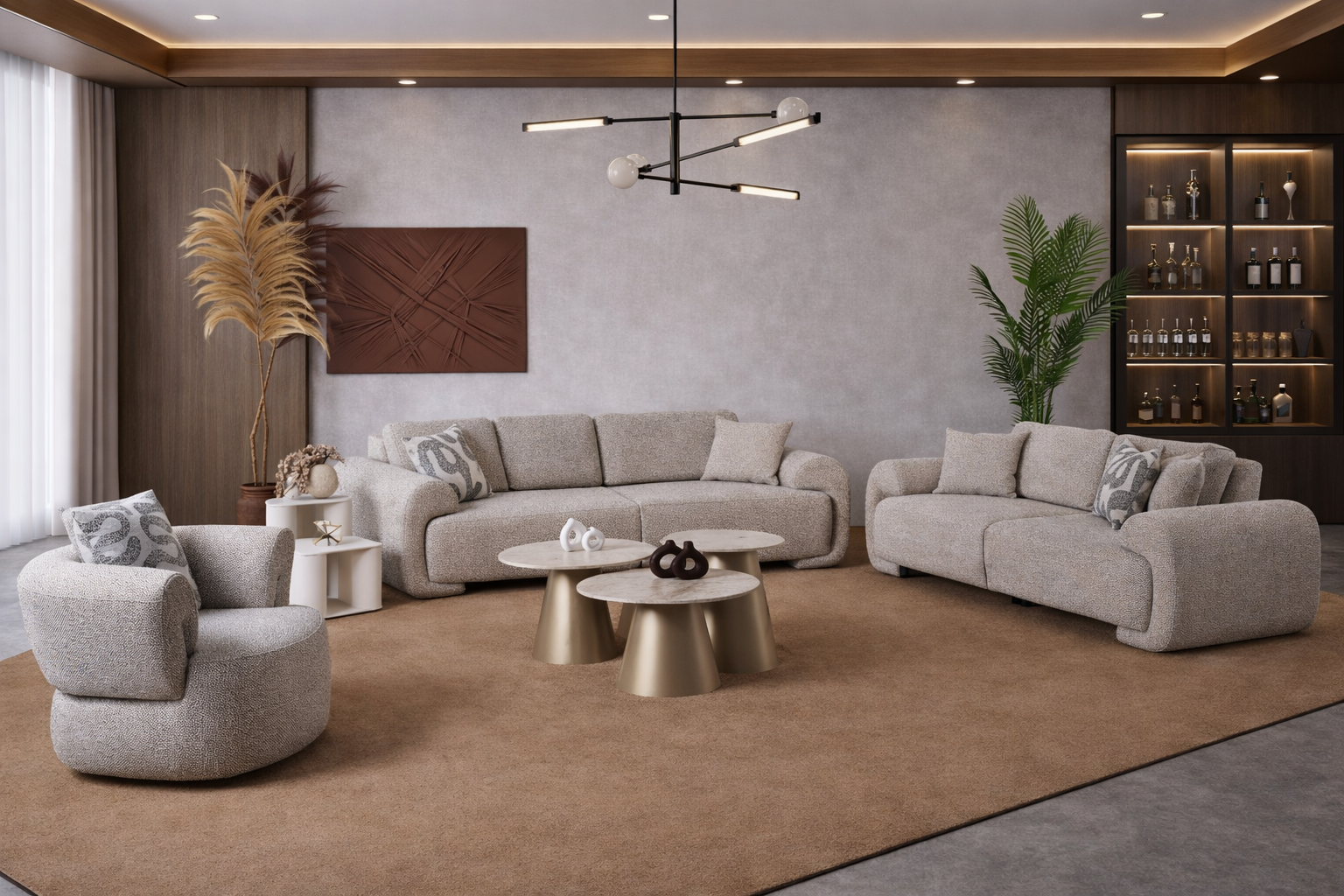 Modern living room with gray sofa, armchair, and coffee table on a brown rug.