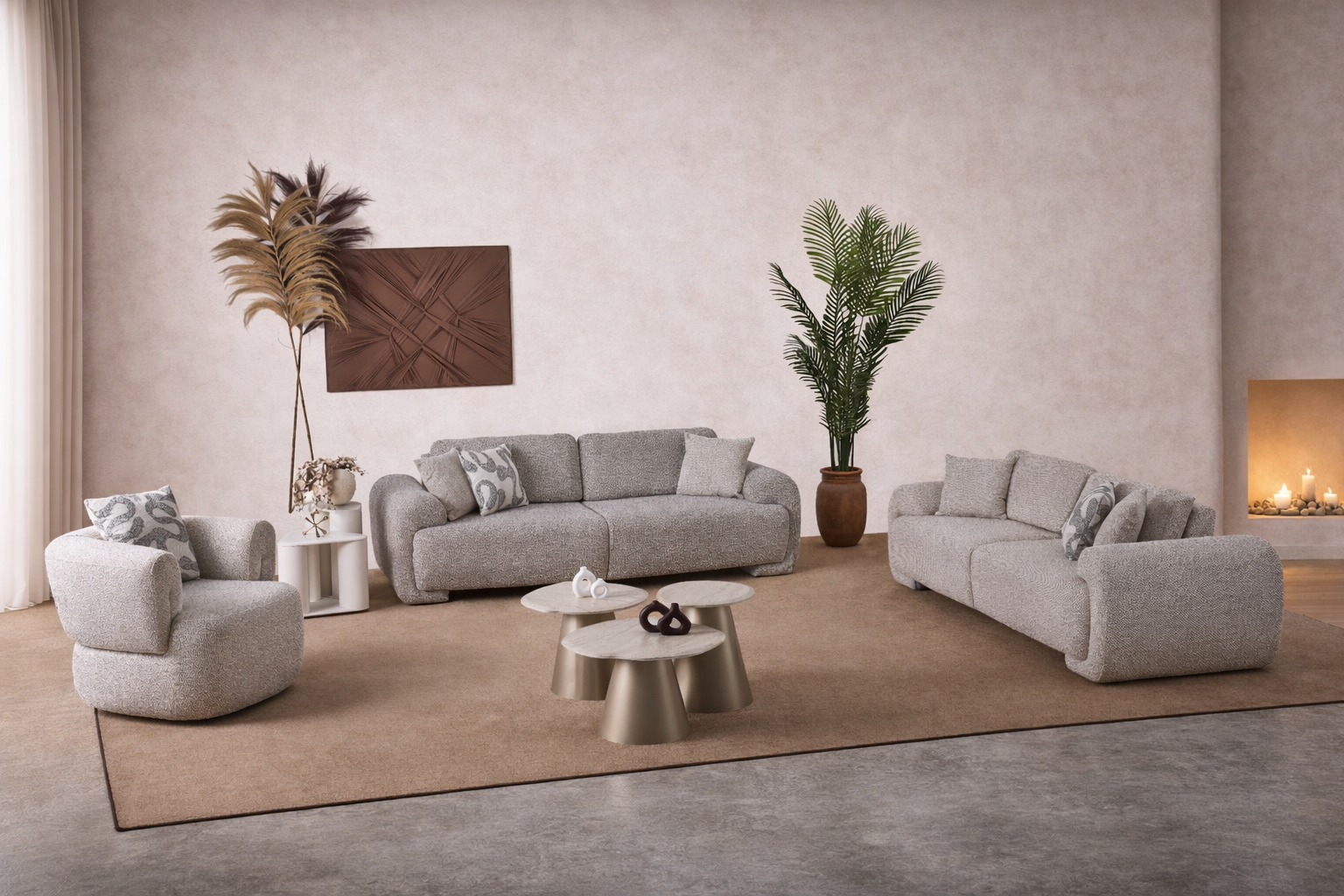 Modern living room with gray sofa set, armchair, and decorative elements.