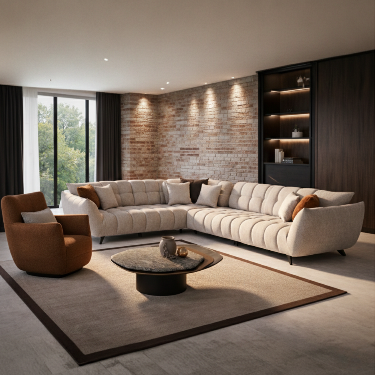 Modern living room with a beige sectional sofa, brown armchair, and coffee table.