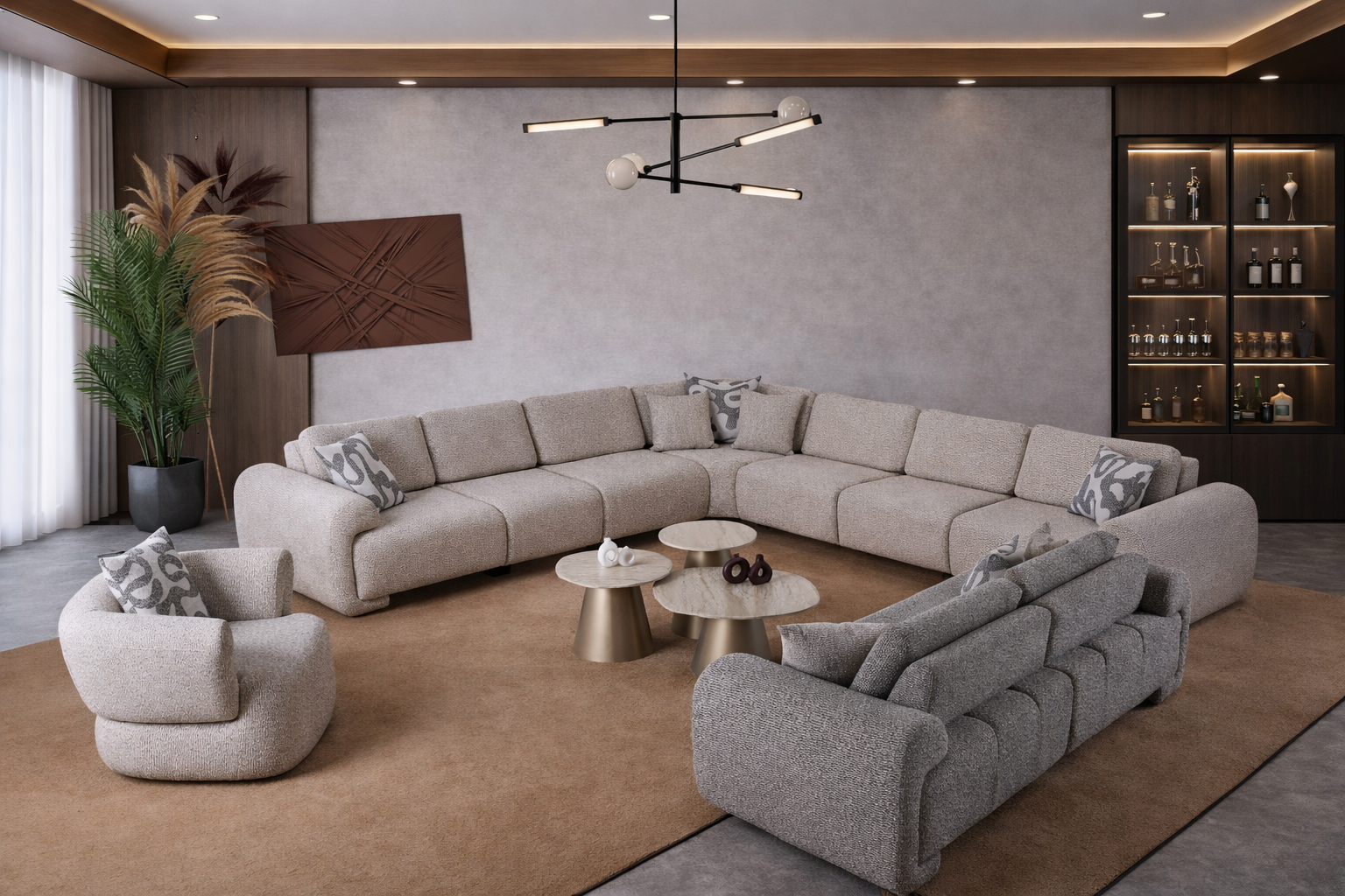 Modern living room with a sectional sofa, armchair, and coffee tables.