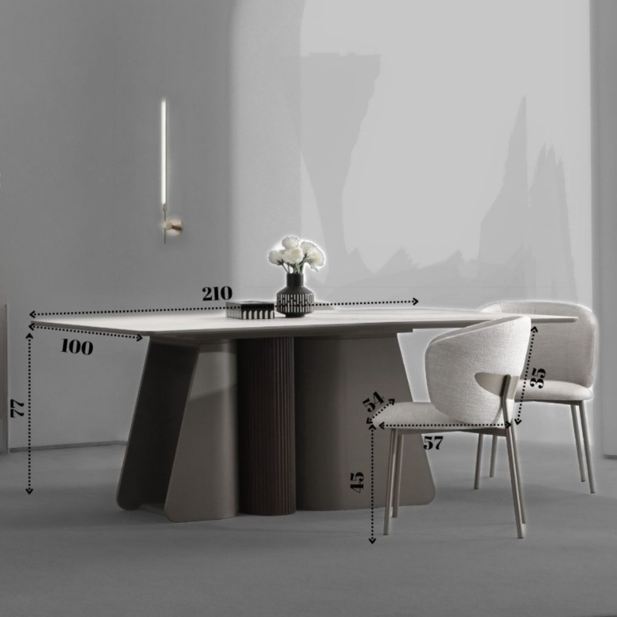 Modern dining table with chair in a minimalistic setting, featuring measurements.