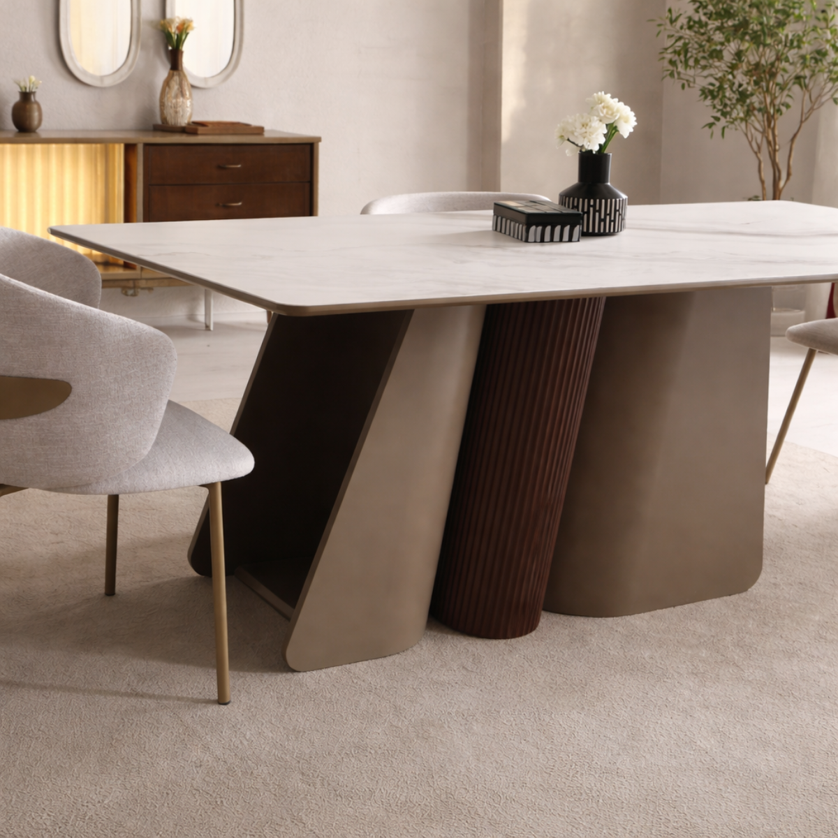 Modern dining table with unique base design in a room setting