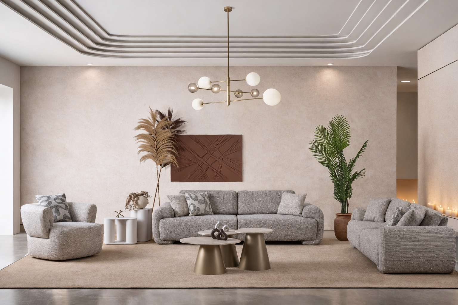 Modern living room with gray sofa, armchair, and decorative elements.
