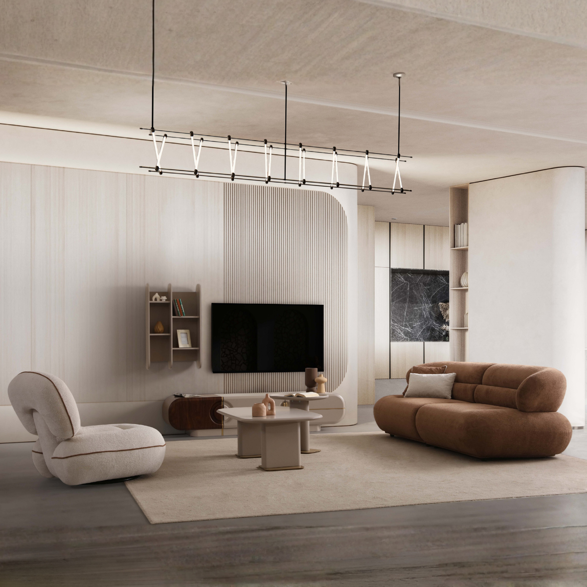 Modern living room with a brown sofa, white armchair, and a television.