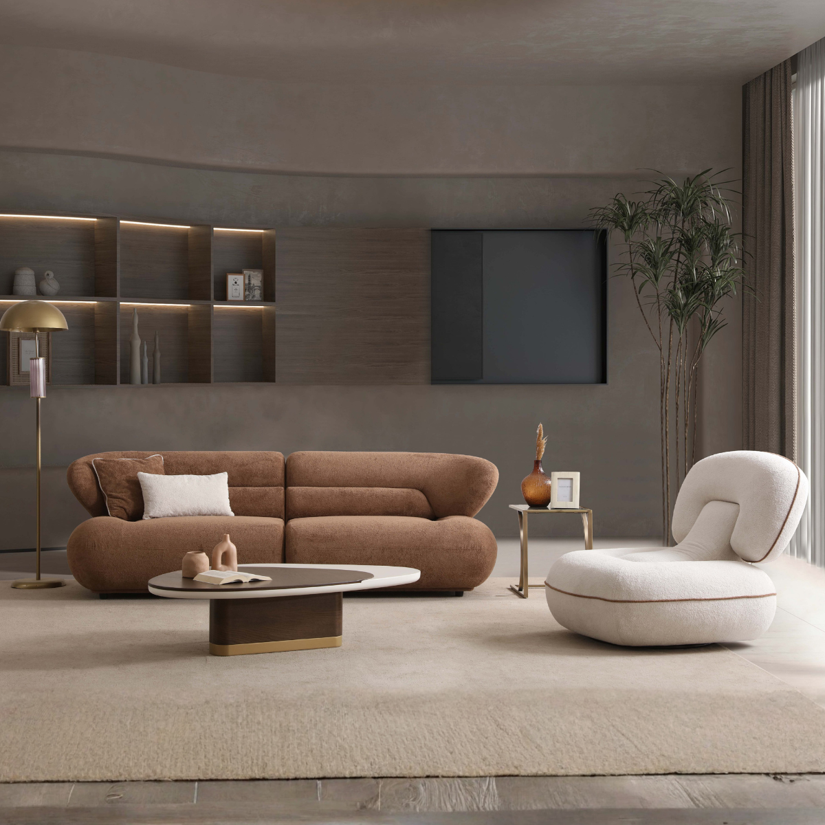 Modern living room with a brown sofa, white armchair, and coffee table.