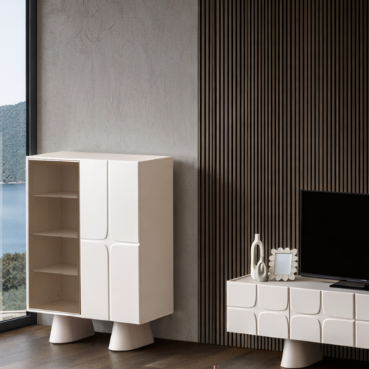 Modern interior with a white cabinet and a television against a striped wall.