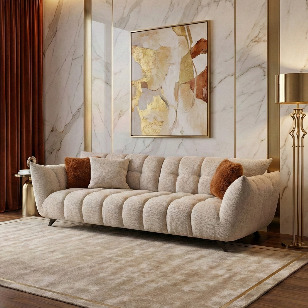 Beige sofa in a living room with marble wall and abstract art