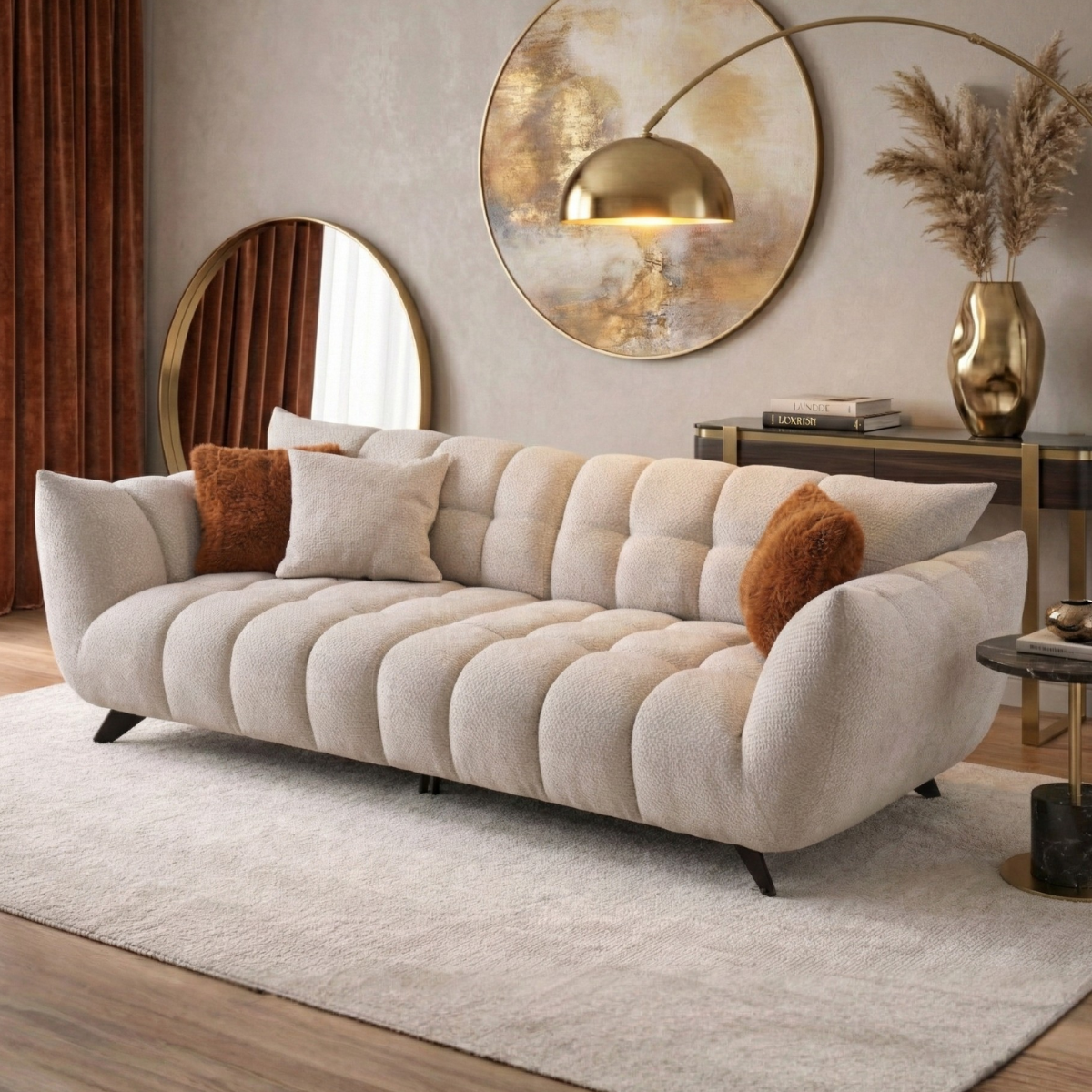 Beige sofa with decorative pillows in a stylish living room setting.