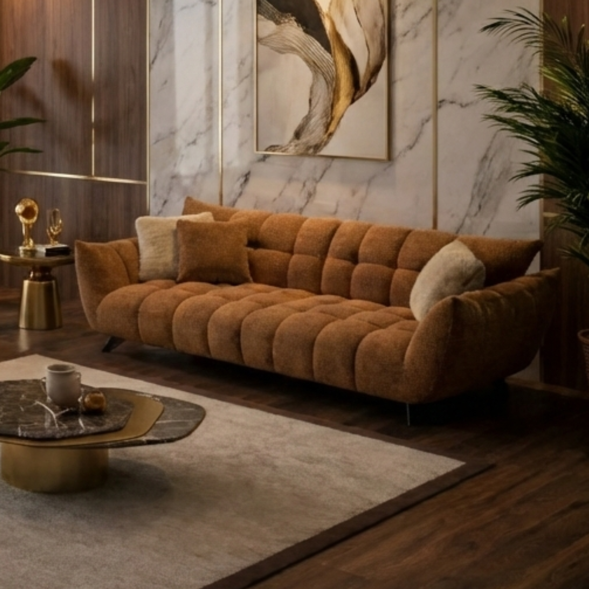 Brown sofa in a stylish living room with marble wall and decor
