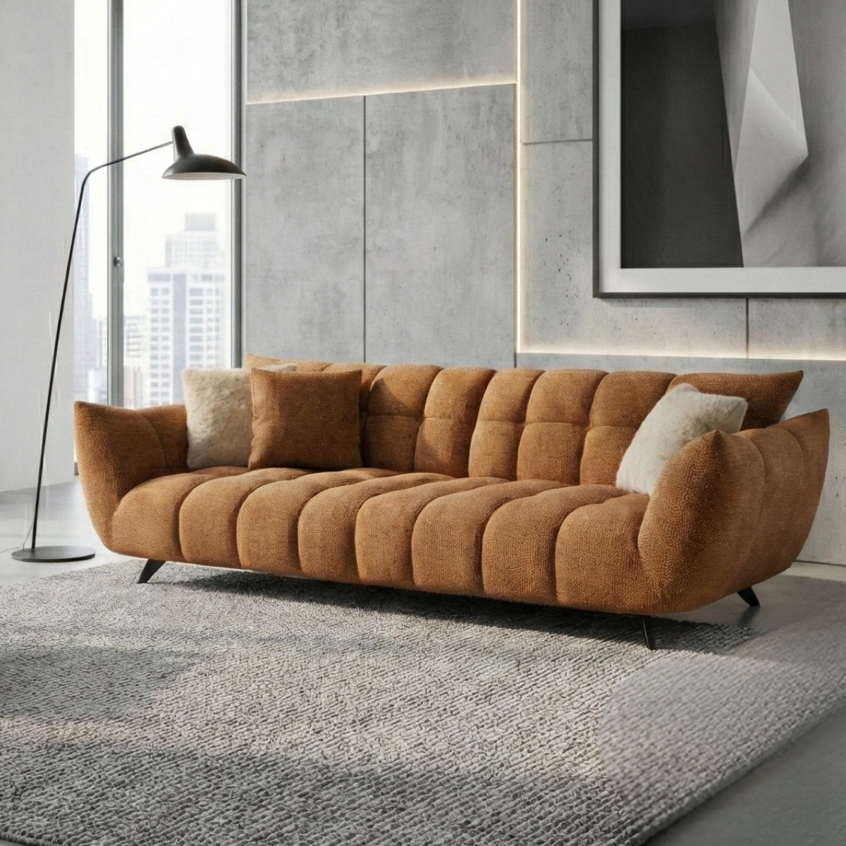 Brown sofa in a modern living room with large windows and abstract art.