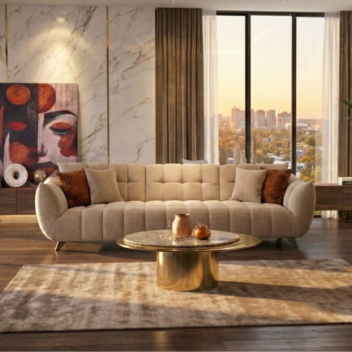 Modern living room with beige sofa, gold coffee table, and cityscape view.