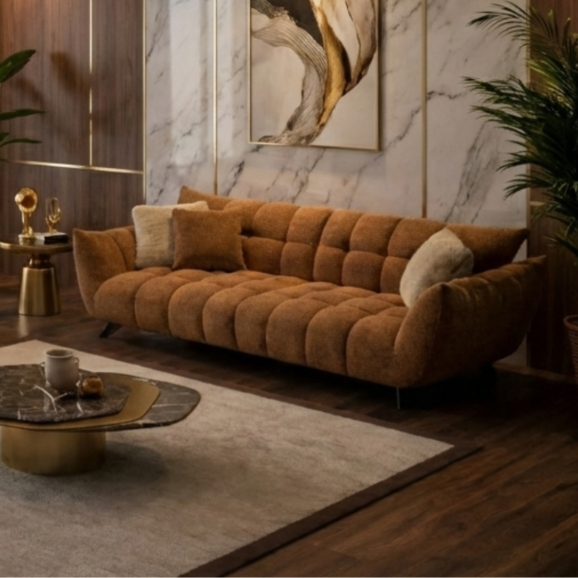 Brown sofa in a stylish living room with marble wall and decor.