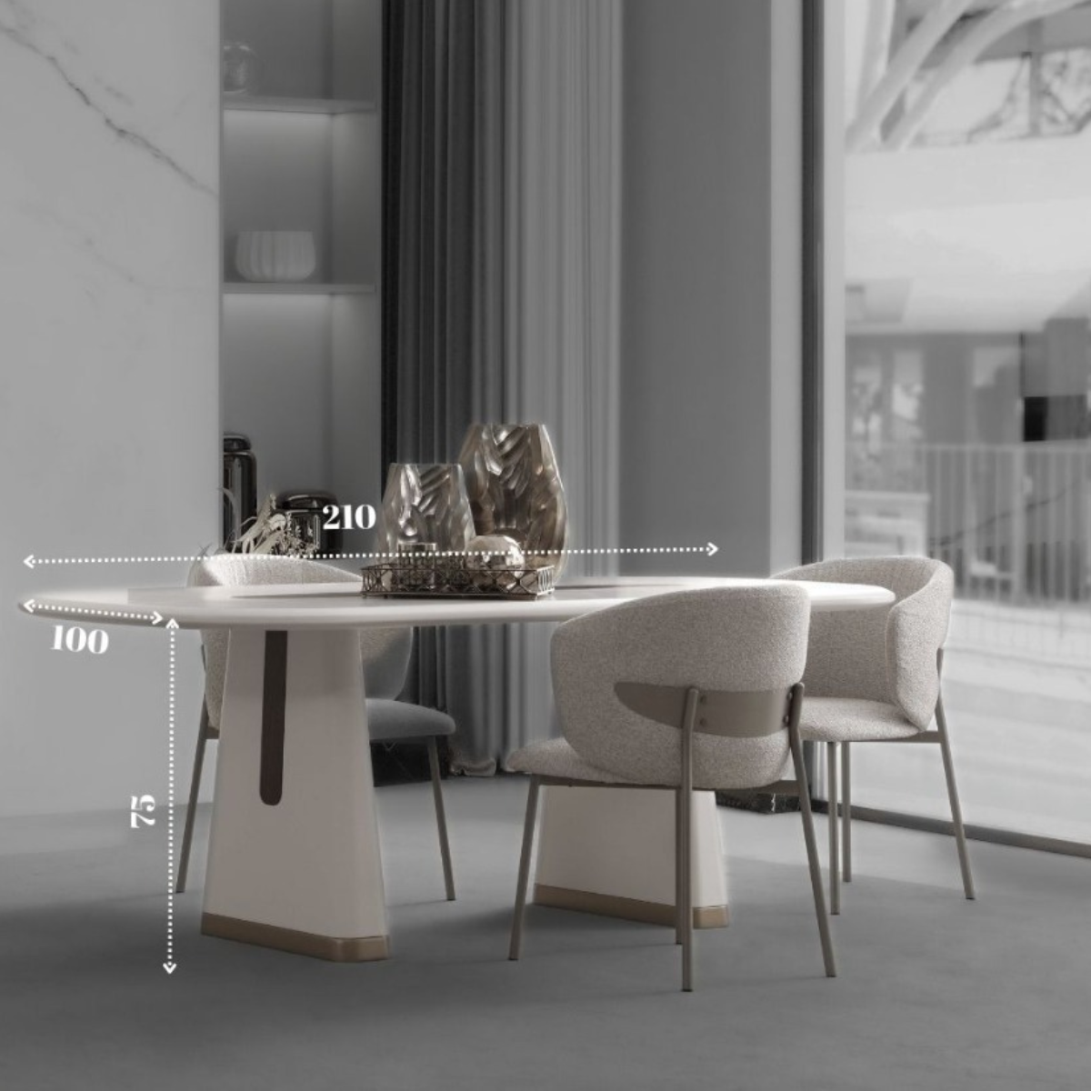 Dining table with chairs in a modern interior setting, showing dimensions.