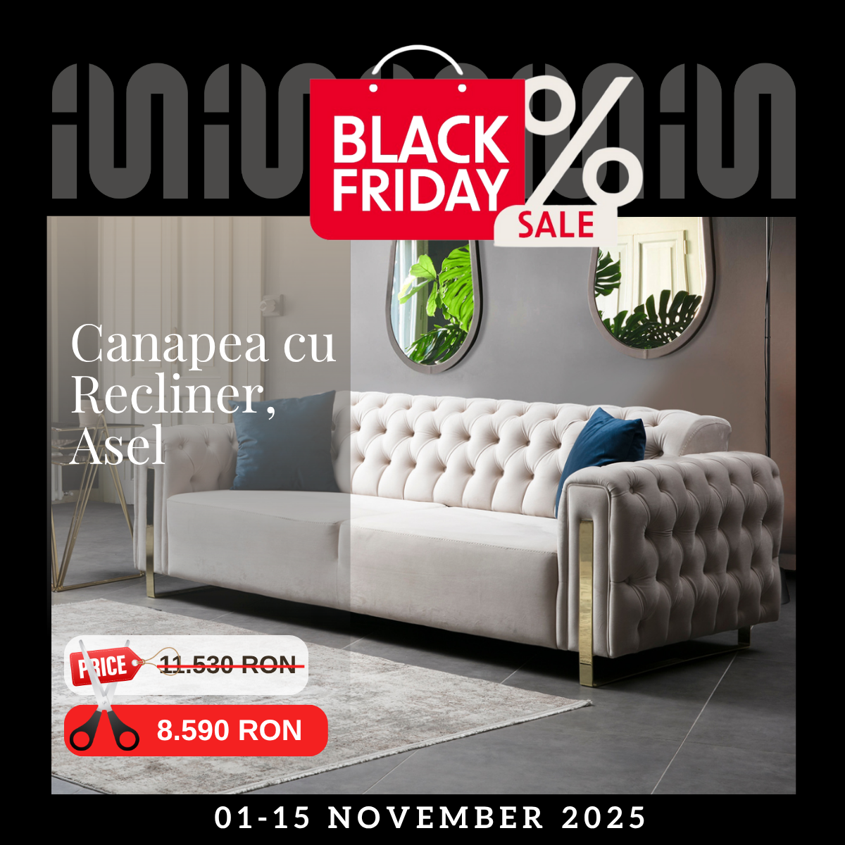 Canapea Chester cu recliner, Asel