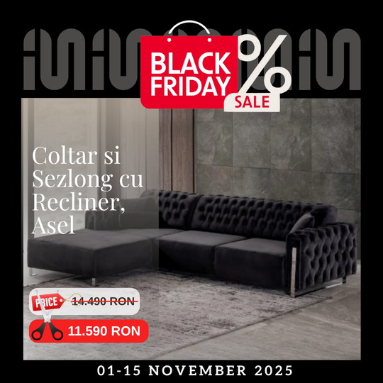 Colțar de lux cu șezlong și recliner, Asel