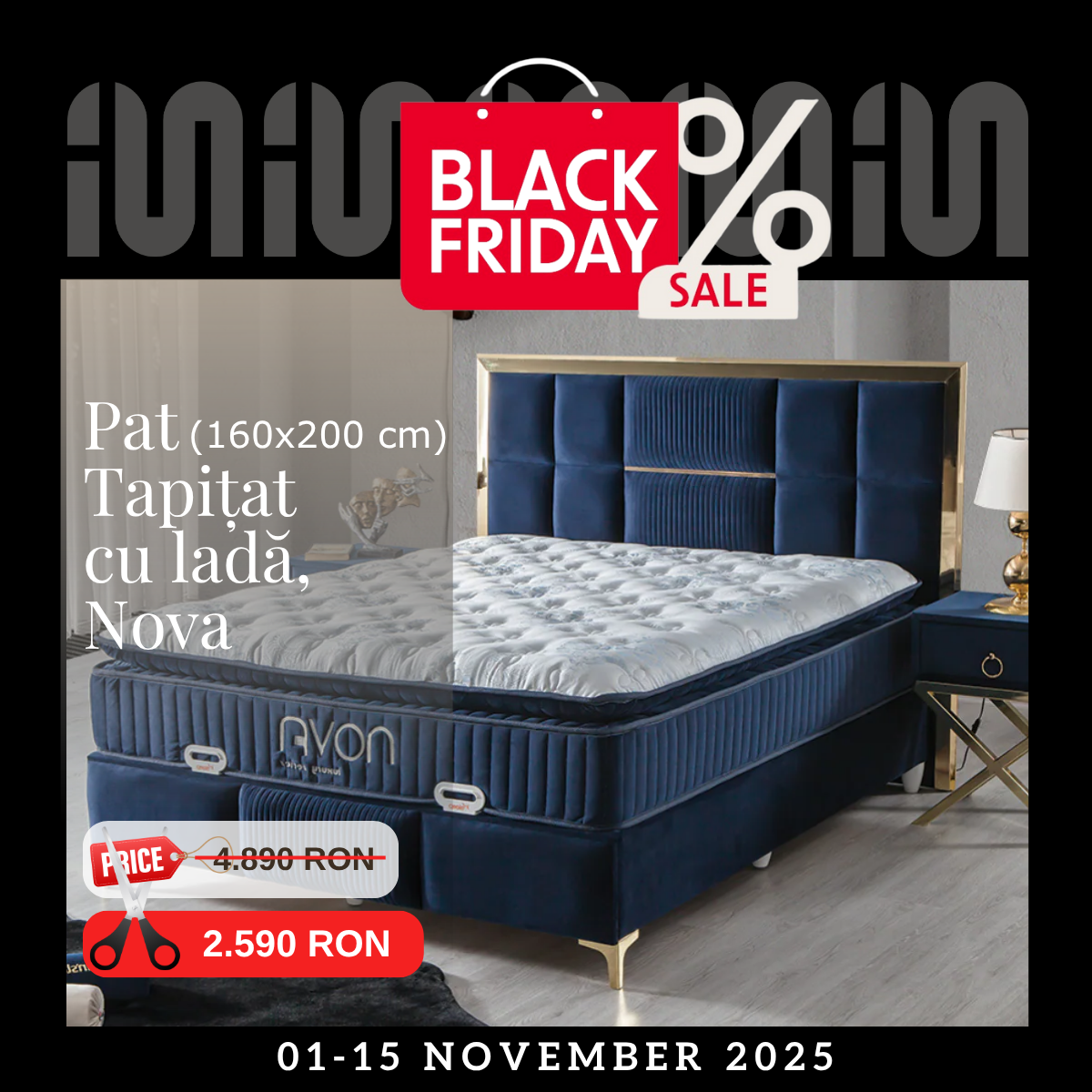 Pat tapițat de lux cu ladă, Nova