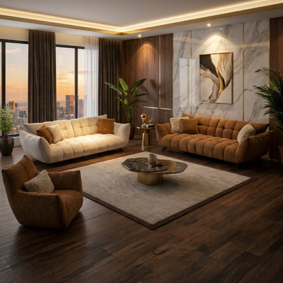 Modern living room with brown and beige sofas, a coffee table, and cityscape view.