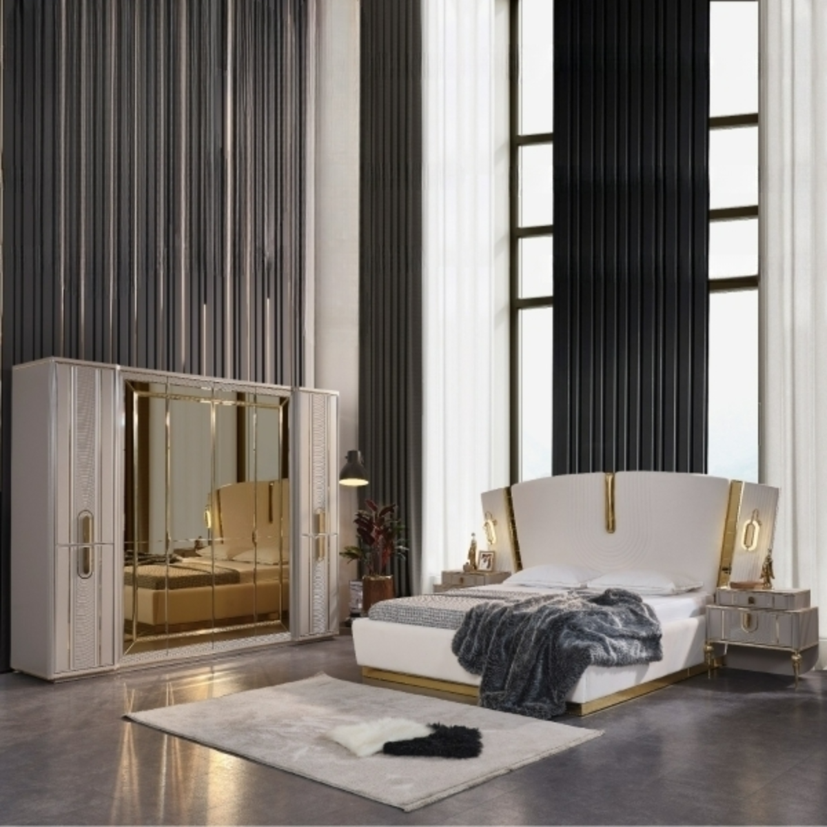 Dormitor Modern cu detalii aurii, Tesla